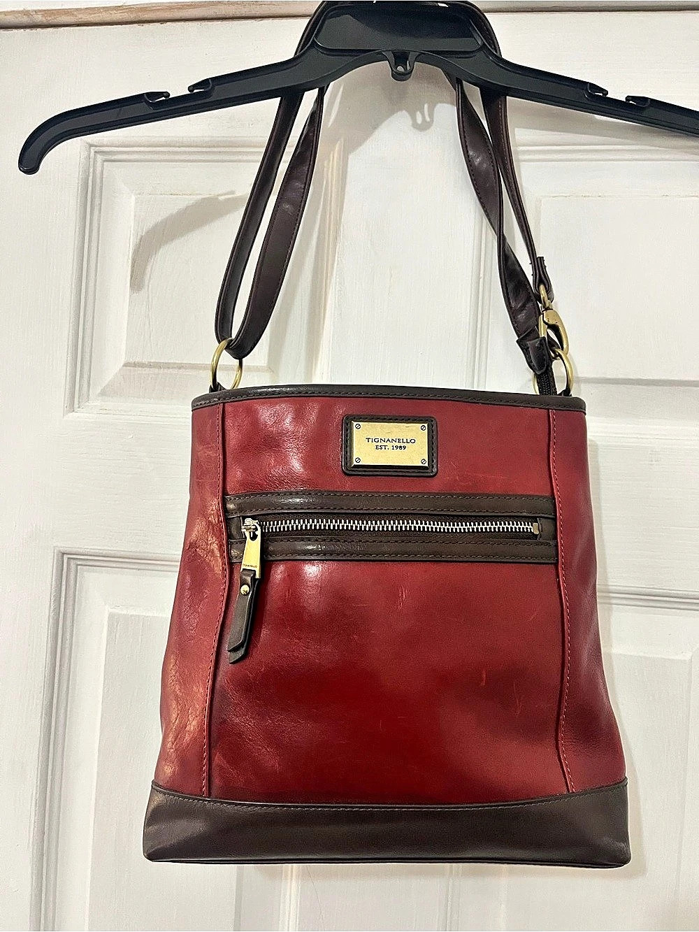 Tignanello Leather Shoulder Bag in Red & Brown